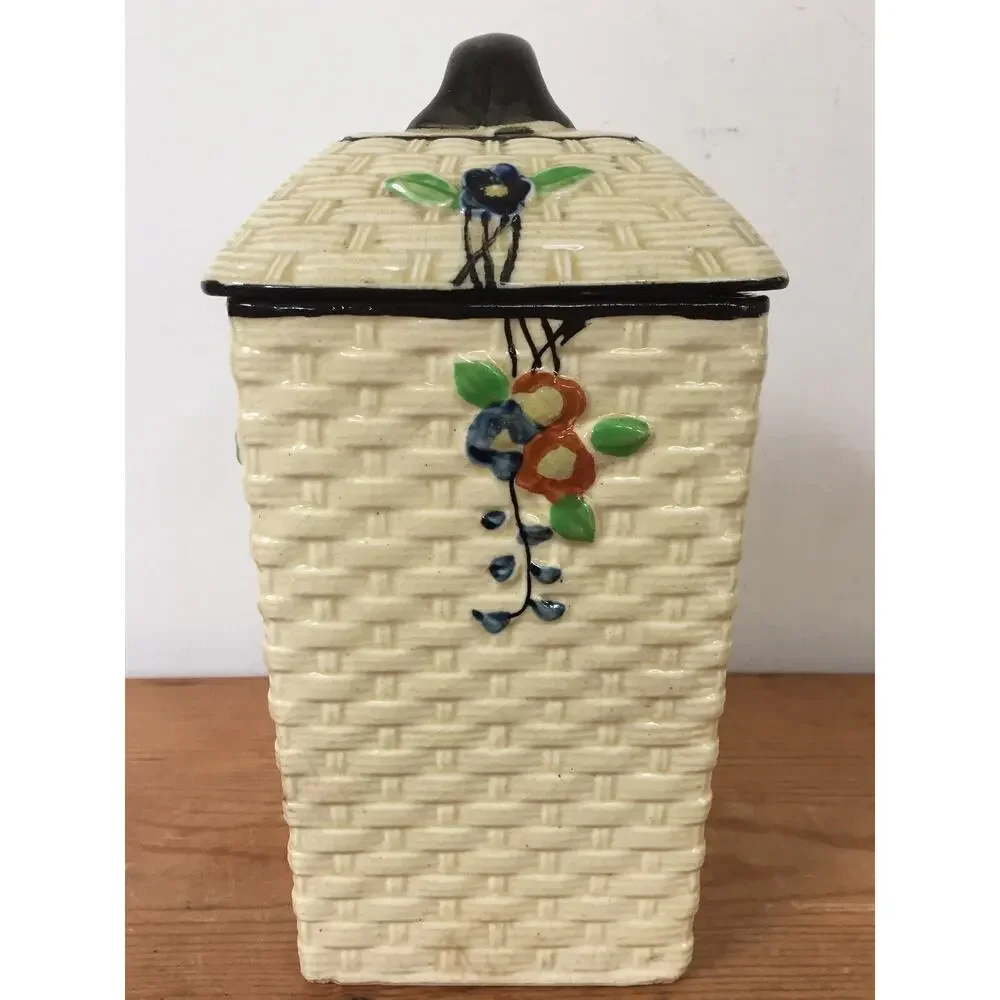 Vtg Hotta Yu Shoten Japanese Basketweave Majolica Blank Kitchen Canister Jar